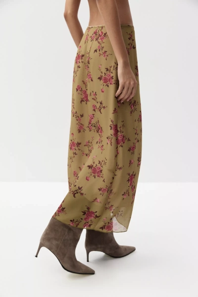 Юбка макси из шифона (цветочный принт на оливковом) (XS)