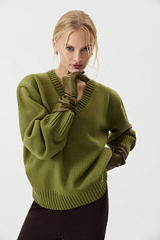 Джемпер V-neck из шерсти мериноса (Хаки)